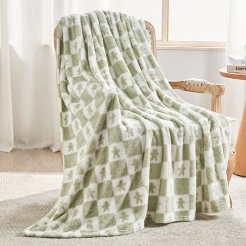 EMME Checkered Blanket Twin Size - 60"x80" Green Knit Blanket Soft Fluffy Patterned Throw Blankets for Couch, Sofa, Chair, Bed, Camping, Picnic, Travel - Image 1