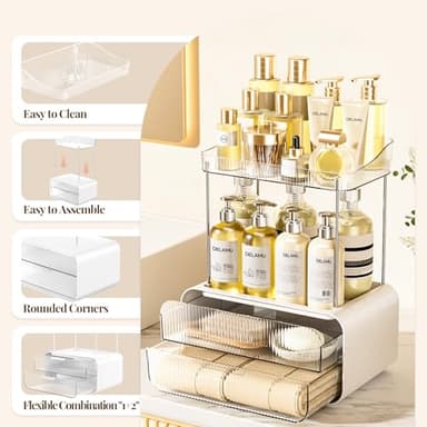 Delamu Bathroom Counter Organizer 2-Drawers 2-Tier Acrylic Makeup Organizer for Vanity Countertop, Skincare Perfume Storage, Easy Assembly, Ideal Gift for Women, Bath Linen Sets, Clear - Image 3