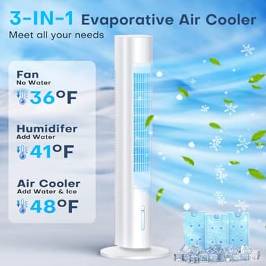 MYICY Evaporative Air Cooler, 35" Windowless Air Conditioner Portable w/3 Speeds, 25ft Remote, Smart Timer & Water Tank, Portable Air Conditioners No Windows Needed, 90°Oscillating AC Unit for Room - Image 3