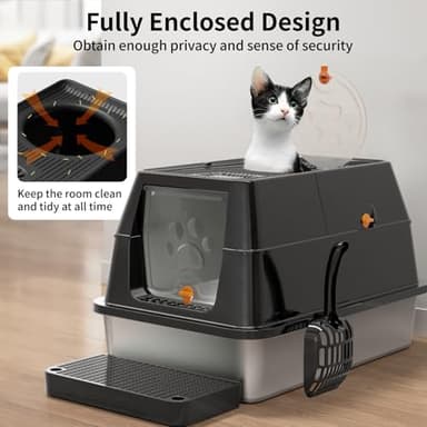Eosarcu Stainless Steel Cat Litter Box with Lid, 180° Flip-Top XL Extra Large Enclosed Litter Box, Covered Metal High Sided Litter Pan with Steps & Scoop, Easy Cleaning, Odor Control,Non-Sticky-Black - Image 8
