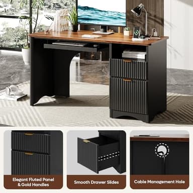 Bestier Computer Desk with Keyboard Tray, 55 inch Office Desk with Power Outlet, Modern Home Office Desk with File Drawer (Walnut with Black, 55" W with Single-Sided Drawers) - Image 6