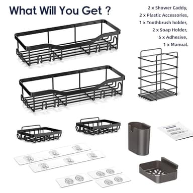 NESOMI Shower Caddy Adhesive Shower Organizer 7-Pack, Rustproof Stainless Steel Bathroom Shelves, Large Capacity No-Drill Rack Storage Accessories with Soap Dish Toothbrush Holder &24 Hooks Home Decor - Image 7