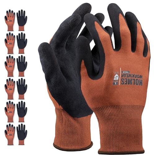 Holmes Workwear 6 Pack Foam Latex Coated Safety Work Gloves for Men with Grip in Wet Conditions, Breathable Polyester Liner, Thin and Lightweight, Touchscreen Compatible (6 Pair, X-Large)