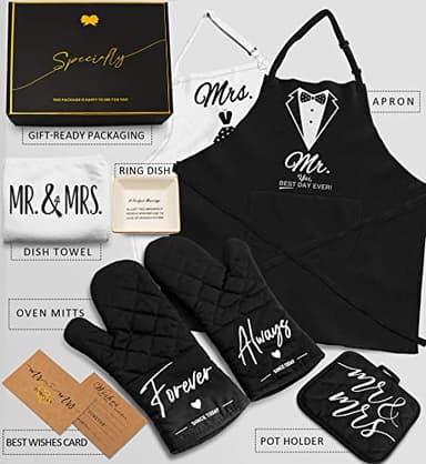 Mr and Mrs Aprons for Couples Gifts - Anniversary, Bridal Shower, Wedding, Engagement gifts for Couples, Christmas Gifts for Couple, His and Her Gifts, 8 Pack Kitchen Cooking Apron Gift Set - Image 2