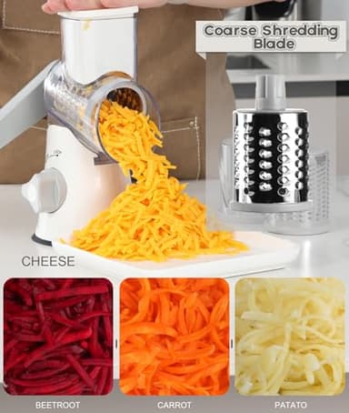 Ourokhome Rotary Cheese Grater Hand Crank, Kitchen Shredder Speed Mandolin Slicer Nuts Grinder with Handle and Drum Blades for Cheese, Vegetable, Walnuts, Chocolate, Potato, Carrot, 3 Blades, White - Image 3