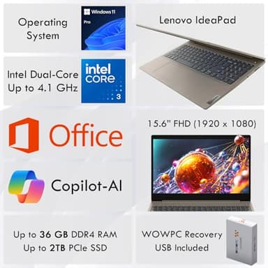 Lenovo Ideapad Business Laptop with Microsoft Office, Intel Core-i3 Processor (Up to 4.1 GHz), 15.6" FHD Display, 36GB RAM, 1TB SSD, SD Card Reader, Windows 11 Pro, Copilot AI-Ready, WOWPC USB - Image 2