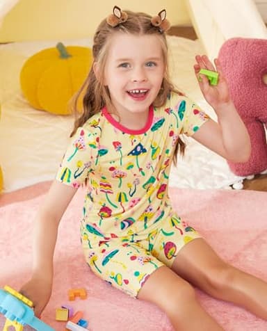 babee Reshinee Bamboo Viscose Toddler Girls Kids Short Sleeve Pajamas 3-4T Years Pink Mushroom Summer Cool Soft 2pcs Set Pjs Pyjamas Jammies - Image 4