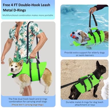 Petglad Dog Life Jacket with 4ft Leash, Reflective Pet Life Vest with Zipper and Handle for Swimming Boating, Adjustable High Buoyancy Floatation Swim Vest for Small Medium Large Dogs - Green, L - Image 2