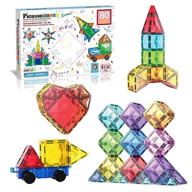 PicassoTiles 80 Pieces Magnetic Building Tiles Magnet Toys Diamond Educational Playset for STEM Sensory Gifts Kid Brain Development Stacking Blocks Construction Set - Image 2