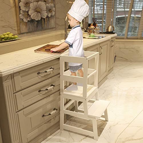 Kitchen Step Stool for Toddlers with Non-Slip Mat, WOOD CITY Wooden Kids Montessori Learning Stool Tower, Toddler Standing Tower Helper for Kitchen Counter and Bathroom Sink(White) - Image 1