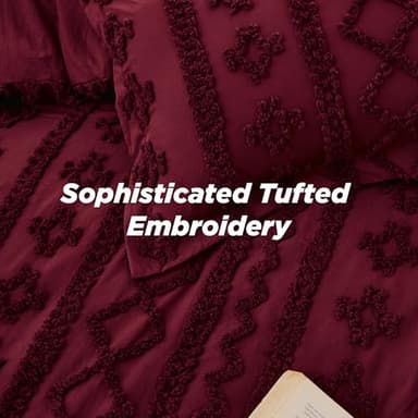 Bedsure Tufted Boho Comforter Set Full Size - Dark Red Boho Bed Set, GentleSoft™ 3 Pieces Farmhouse Shabby Chic Embroidery Bedding, Gifts for Woman, Soft Jacquard Full Comforter for All Seasons - Image 4