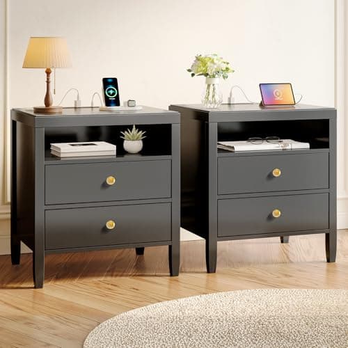 Huuger Black Nightstand Set of 2, Night Stand with Charger Station, Bedside Table with 2 Drawers, Bed Side Tables for Bedroom, Modern Nightstands, Metal Knobs, Painted Surface - Image 1