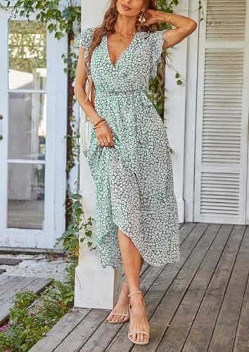 PRETTYGARDEN Women's Summer Floral Boho Dress Wrap V Neck Short Sleeve Ruffle A-Line Flowy Maxi Wedding Guest Dresses (Green_01,Large) - Image 4