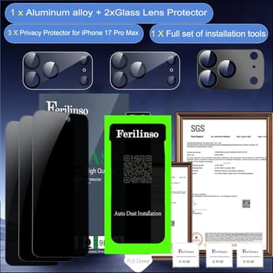 Ferilinso Auto-Dust-Install 3 Pack Privacy Screen Protector for iPhone 17 Pro Max with (Private Accessories)-Metal Aluminum Alloy Camera Lens Protector, Tempered Glass Cover, Case Friendly - Image 2