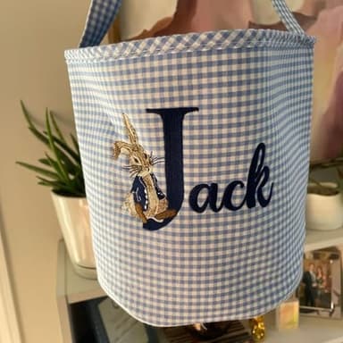 Personalized Easter Basket for Kids - Embroidered Bunny Nursery Storage Tote, Custom Easter Basket in pink/blue plaid, Easter Egg Hunt Bucket - Image 8