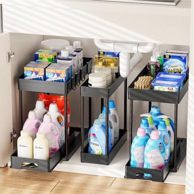 Delamu 3 Pack Under Sink Organizers and Storage, 2 Tier Black Bathroom Cabinet Organizer, Multi-Use Kitchen Bathroom Organizers and Storage, Under Counter Organizer with Hooks - Image 9