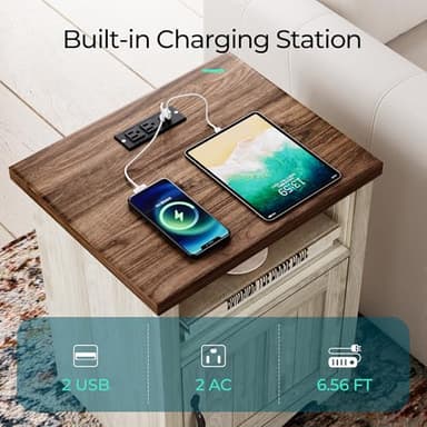 LINSY Farmhouse Night Stand Set of 2, 18.9” Wood End Table with Charging Station, Side Table for Bedroom, Living Room, Couch with USB Ports and Outlets, Nightstand with Storage, Beige - Image 3