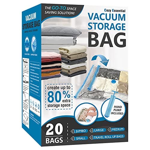 20 Pack Vacuum Storage Bags, Space Saver Bags (4 Jumbo/4 Large/4 Medium/4 Small/4 Roll) Compression for Comforters and Blankets, Sealer Clothes Storage, Hand Pump Included - Image 1
