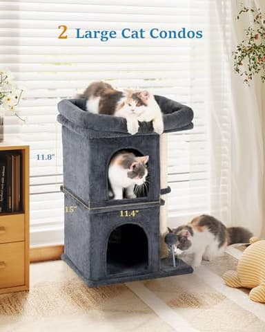 Aechonow 24in Cat Tree Tower with Scratching Post, 19 * 16.5in Window Perch Bed for Large Adult Cats, 2 Small Condo Cubbies for Indoor Kittens, Dark Gray - Image 3
