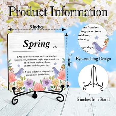 seclate Spring Decor, Spring Definition Wooden Sign, Spring Floral Desk Wood Decor with Iron Stand, Ideal Gifts Desk Decorations for Home Office Bedroom Shelf Table Centerpieces - B01 - Image 2