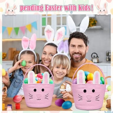 Brbecon Easter Bunny Basket for Kids with Name Tag, Pink Small Woven Easter Basket for Girls, Easter Egg Hunt Baskets Bags Easter Gifts Basket for Girls Baby Kids Children 9.8 x 7.8 x 7.8" - Image 2