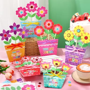 Kosiz 24 Sets Mother's Day Crafts Kit for Kids Flower Card Making Kit with Buttons Straws Ribbon DIY Flower Pot Handmade Greeting Card for Mother's Day Gift Home School Classroom Art Activities - Image 5