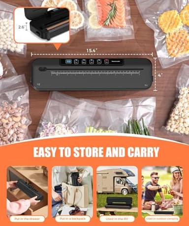 75kpa Vacuum Sealer Machine - 6-in-1 Compact Food Sealer with Digital Countdown Timer, External Sliding Blade for Freshness Storage, Black - Image 4