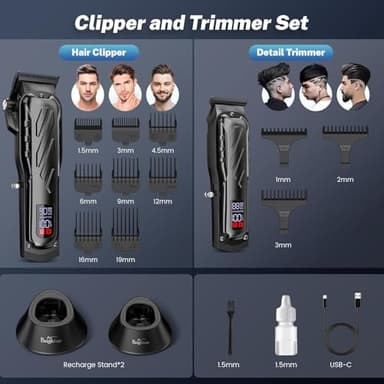Brightup Barber Hair Clippers [Brushless 9000RPM & Cordless] for Men, Professional Clippers & Trimmers Set with USB-C Charging Stand, Hair Tools Cutting Kit with LCD Display, Gift for Men - Image 5