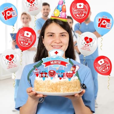 HOWAF Nurse Appreciation Week Decoration Set, 1 Glitter Thank You Nurse Banner, 18pcs Nurse Week Balloons, 6pcs Thank You Nurse Hanging Swirls, 13pcs International Nurse Day Cupcake Topper - Image 5