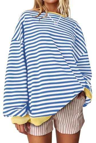 UEU Striped Sweatshirts for Women Oversized Color Block Crew Neck Sweatshirt Long Sleeve Pullover Tops Blue Striped Medium - Image 1
