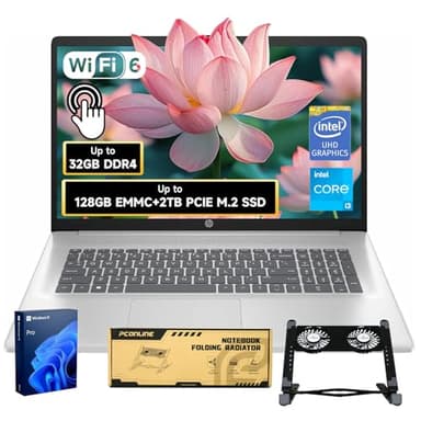 HP 17.3" Touchscreen Laptop, Intel Core i3-N305, 32GB RAM, 128GB eMMC + 2TB SSD, Numeric Keypad, Webcam, HDMI, Wi-Fi 6, Windows 11 Pro, Silver, Bundle with PCO Notebook Fold Radiator, Cooler - Image 1