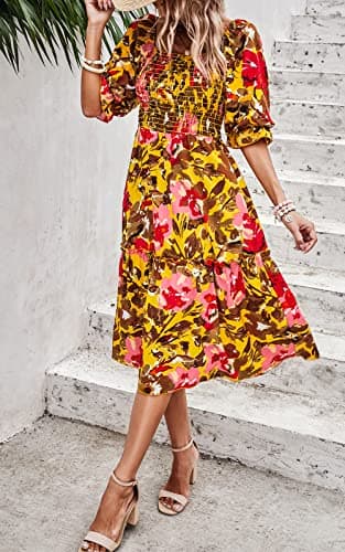 PRETTYGARDEN Women's Summer Dresses 2025 Casual Midi Spring Puff Sleeve Square Neck A Line Flowy Ruffle Boho Floral Smocked Sundress (Light Yellow Red Flower,M) - Image 4