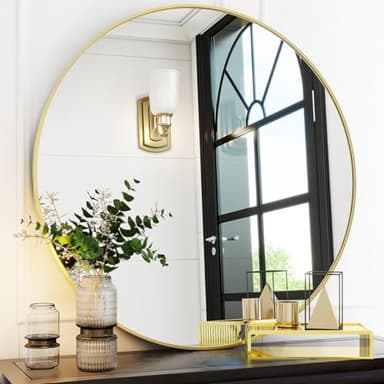 VooBang Gold Round Bathroom Mirror, 30 inch Circle Wall Mounted Hanging Mirror with Simple Modern Circular Metal Frame for Hallway, Entryway, Living Room, Gold Frame - Image 1
