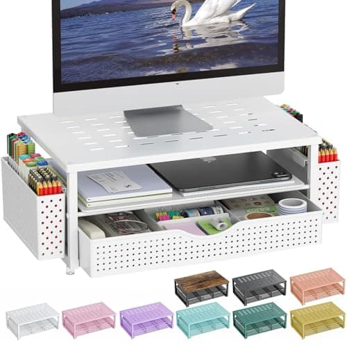gianotter Desk Organizers and Accessories, Monitor Stand with Drawer and 2 Pen Holder, Desktop Organizer Suitable for Offices and Dormitories (White) - Image 1