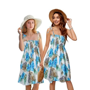 Girls Summer Floral Flowers Print Spaghetti Strap Beach Sundress Hawaiian Sun Midi Dress, Blue Flower, 5-6X = Tag 130 - Image 1