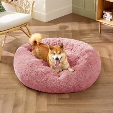 Bedsure Calming Dog Bed for Medium Dogs - Donut Washable Medium Pet Bed, 30 inches Anti-Slip Round Fluffy Plush Faux Fur Cat Bed, Fits up to 45 lbs Pets, Mauve Blush - Image 4