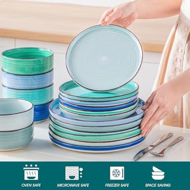 vancasso Bonita Dinnerware Sets 18 Pieces, Blue Stoneware Dishes Set for 6, Plates Set and Bowls Set, Dishwasher and Microwave Safe - Image 4