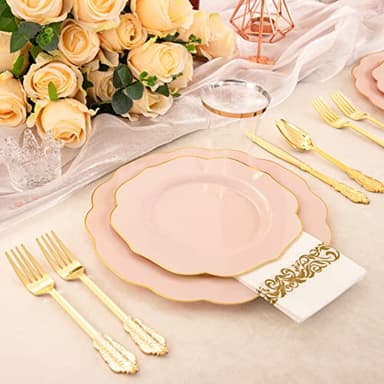 NOCCUR 175PCS Pink Plates with Gold Disposable Silverware - Include 50 Pink Plastic Plates,25 Knives,25 Forks,25 Spoons,25 Cups and 25 Napkins - Ideal for Wedding/Party - Image 5