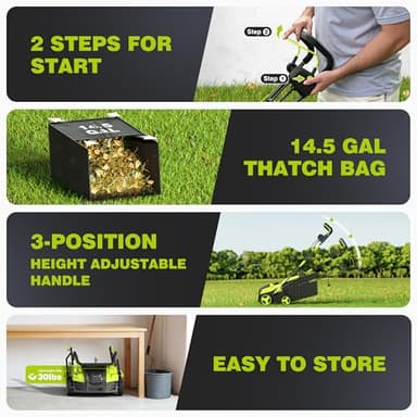 16-Inch Electric Dethatcher and Scarifier, YERYORK 2-in-1 Lawn Dethatcher with Powerful 15 AMP Motor 14.5Gal Collection Bag 5-Position Depth Foldable Handle for Lawns & Garden (Green) - Image 7