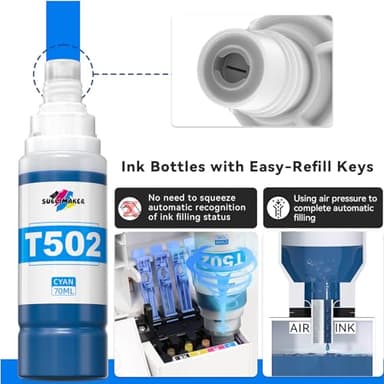 502 Ink Refill Bottles Compatible Replacement for Epson Ecotank ET-3760 ET-2850 ET-3850 ET-2760 ET-15000 ET-4760 ET-4850 ET-2750 ET-3750 ET-3830 Printers, T502 Ink Refill Bottles (5 Pack) - Image 4