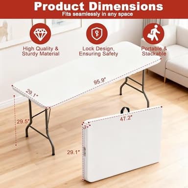 Elevon Folding Table, 8 Feet Heavy Duty Fold-in-Half Utility Table Indoor Outdoor for Camping, Picnic, Party - Image 4