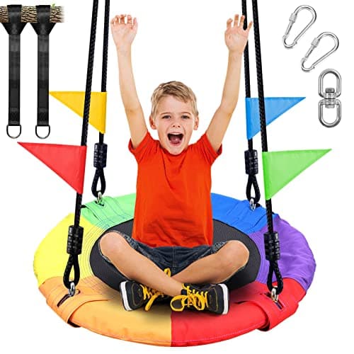 Odoland 24 inch Chidren Tree Swing Net Swing Outdoor Kid Platform Swing with Detachable 600LB Weight Load Oxford Fabric and Adjustable Hanging Ropes for Tree, Backyard and Indoor Color - Image 1