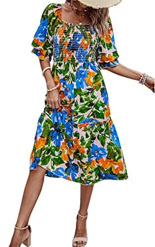 PRETTYGARDEN Women's Summer Casual Midi Dress 2025 Spring Puff Sleeve Square Neck A-line Flowy Boho Floral Smocked Dresses - Image 1