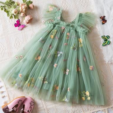 NNJXD Baby Girl Flower Embroidery Tulle Dress Butterfly Toddler Birthday Party Dresses 2109 Green Size(90) 12-24 Months - Image 2