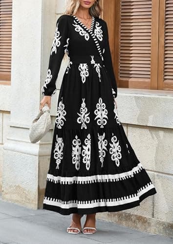 PRETTYGARDEN Women's 2025 Fall Wedding Guest Dresses Boho Floral Long Sleeve V Neck Flowy Elegant Maxi Dress Beach Clothes (Floral Black White,Large) - Image 4