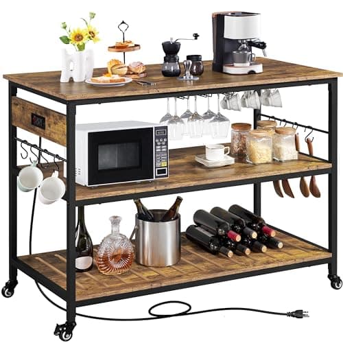 Yaheetech Kitchen Island with Power Outlet, Rolling Kitchen Cart with Wine Rack & Glass Holder & Hooks, Coffee Bar Microwave Stand Wine Rack Table for Dining Room, 47.5" W x 24" D, Rustic Brown - Image 1