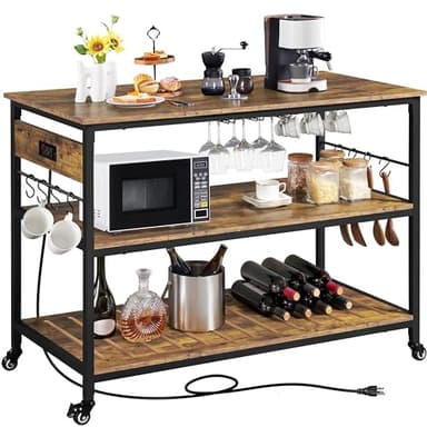 Yaheetech Kitchen Island with Power Outlet, Rolling Kitchen Cart with Wine Rack & Glass Holder & Hooks, Coffee Bar Microwave Stand Wine Rack Table for Dining Room, 47.5" W x 24" D, Rustic Brown - Image 1
