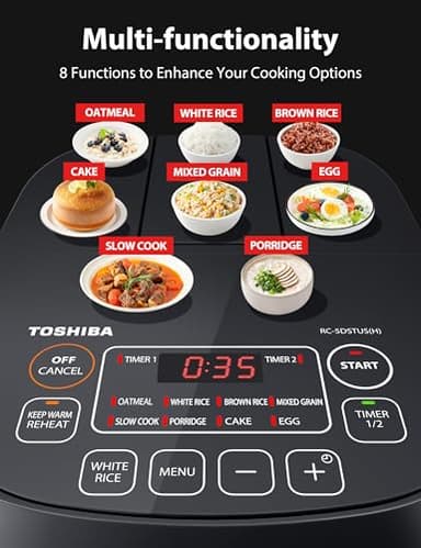 TOSHIBA Rice Cooker Small 3-Cup Uncooked– LCD Display with 8 Cooking Functions: Rice, Oatmeal, Mixed Grains and More, NonStick Inner Pot, Grey - Image 3