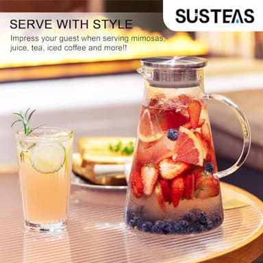 SUSTEAS 2.0 Liter 68oz Glass Pitcher with Lid, Easy Clean Heat Resistant Glass Water Carafe with Handle for Hot/Cold Beverages - Water, Cold Brew, Iced Tea & Juice, With 1 Long-Handled Brush Included - Image 6