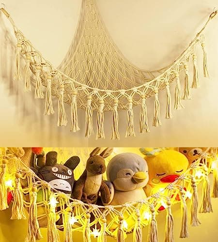 Stuffed Animal Toy Storage Hammock with LED Light - Macrame Jumbo Doll Corner Stuff Animals Organizer Decorations - Cute Hanging Plushie Net Kids Baby Nursery Bedroom Room Decor - Image 1